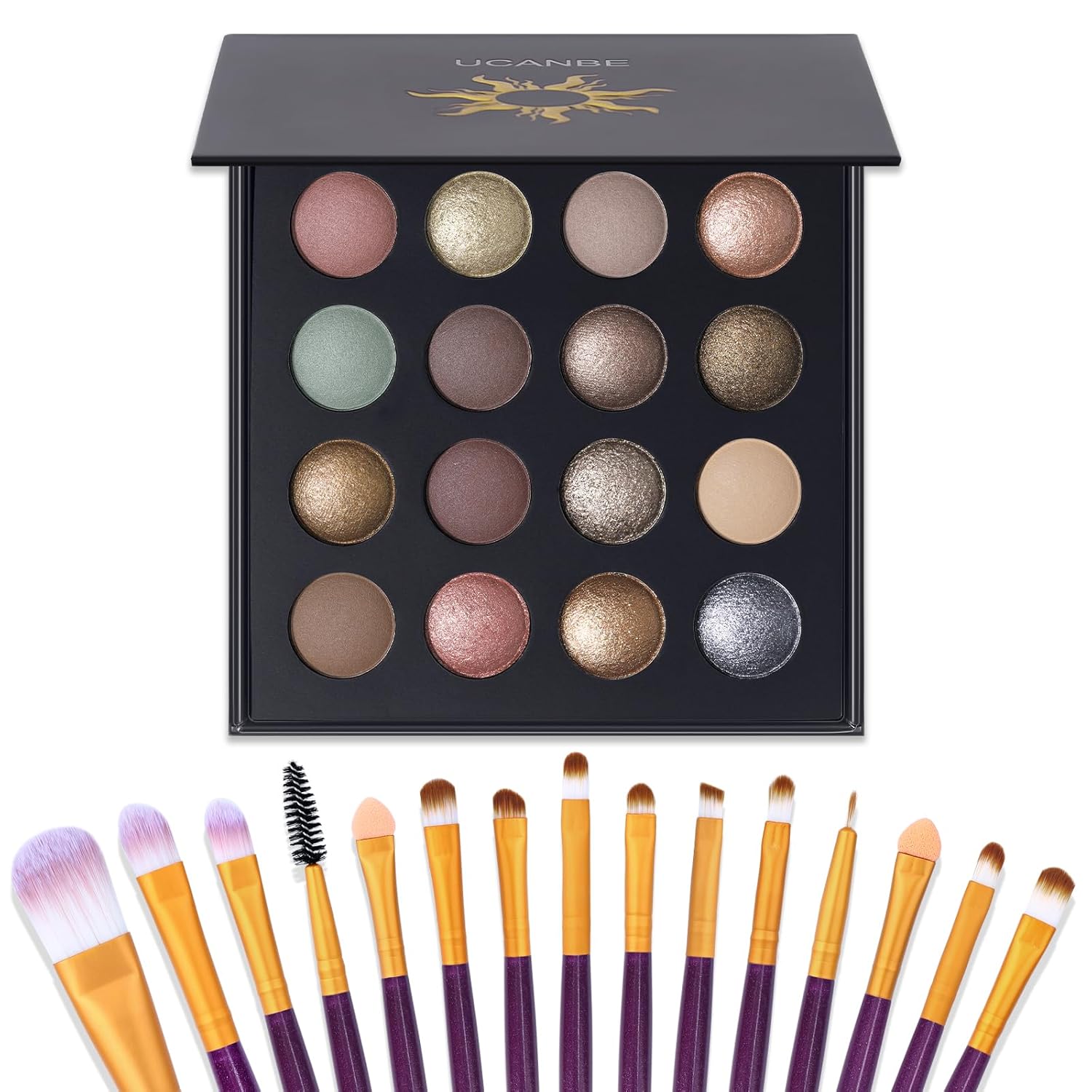 UCANBE 16 Color Baked Eyeshadow Palette with 15PCS Brushes Makeup Set,Matte&Shimmer Blend Eyeshadow for Women&Girls,Highly Pigmented Long Lasting Waterproof Make Up Pallet-Velvo Beauty