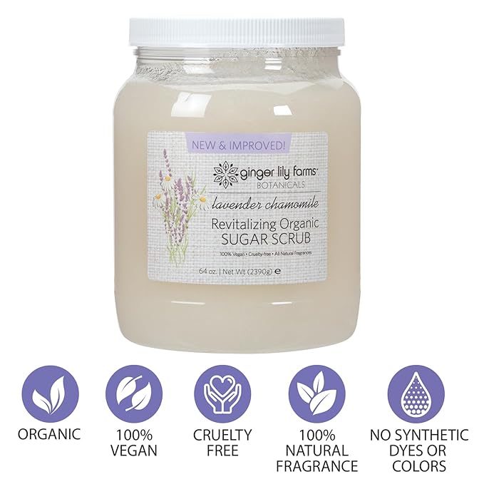 Ginger Lily Farms Botanicals Revitalizing Organic Sugar Scrub, All-Natural Skin Exfoliating Sugar Crystals, 100% Vegan & Cruelty-Free, Lavender Chamomile, 64 oz.-Velvo Beauty