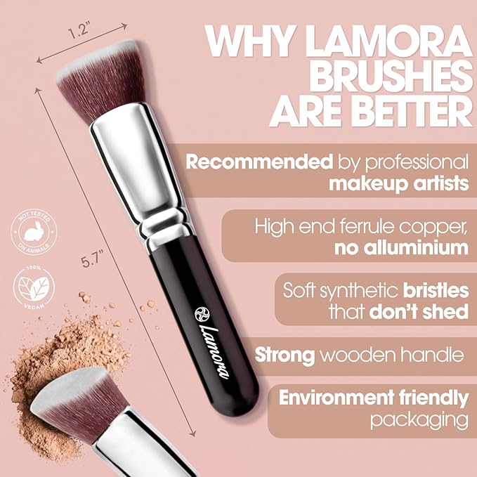 LAMORA Foundation Brush for Liquid Makeup - Kabuki Face Brush for Cream, Powder, Blush, and Concealer - Flat Top Blending, Buffing, Stippling Brush-Velvo Beauty