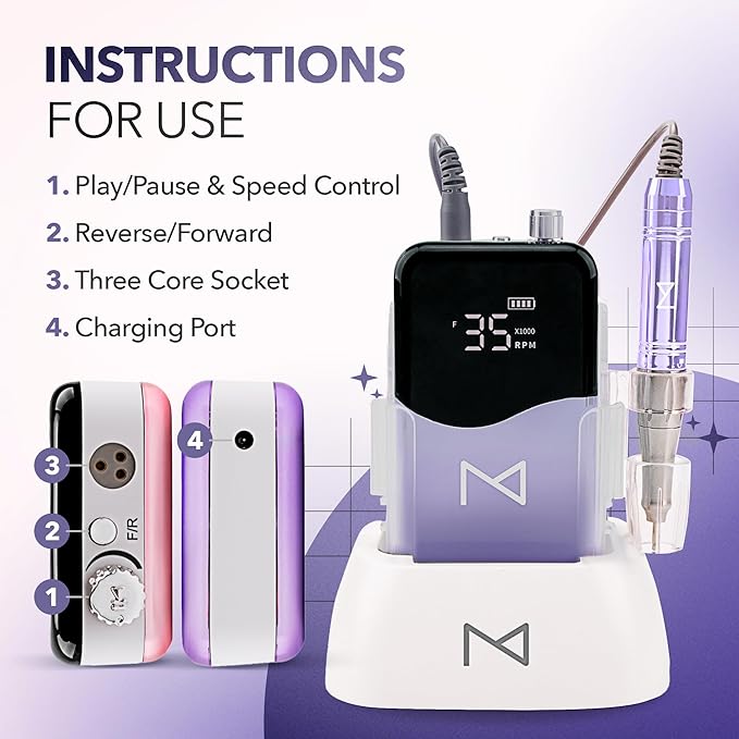 M Mase- Professional Nail Drill Machine - Coreless 2-in-1 Nail File - Electric, Cordless, 35000 RPM, HD Display - Electric Nail Drill for Professional & Home Use (Violet)-Velvo Beauty