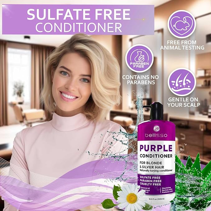 Purple Conditioner for Blonde Hair - Sulfate and Paraben Free Toner - No More Orange and Yellow Brassy Tones - More Balance for Color Treated, Bleached, Silver, White and Gray Hair - Women and Men-Velvo Beauty