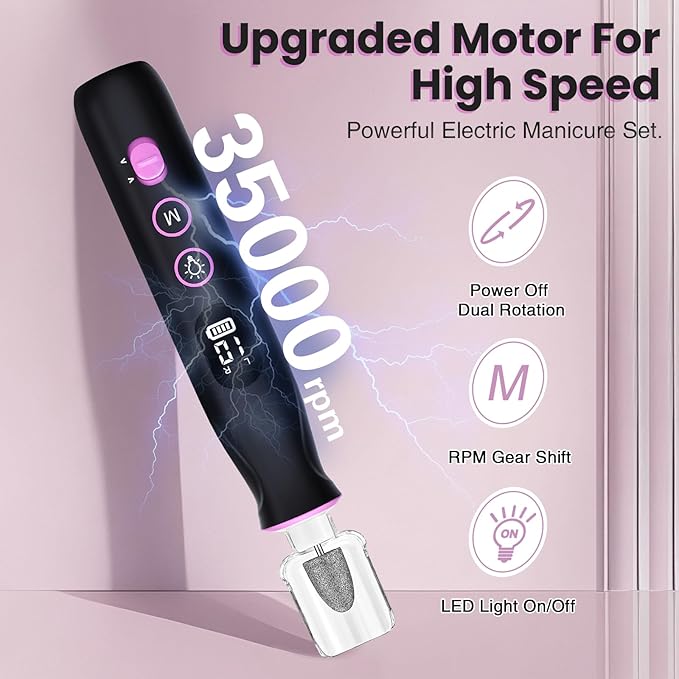 Electric Nail Drill, Cordless 2000 mAh Rechargeable Portable Nail File 12 in 1 Kit for Thick Toenails, 10 Speeds Nail Dril Machine Professional Manicure Pedicure for Hand Natural Nails Care (Black)-Velvo Beauty