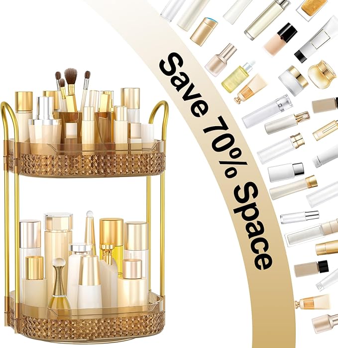 360° Rotating Makeup Organizer 2 Tier, Large Skincare Clear Make Up Storage Spinning Perfume Organizers for Bathroom Counter Dresser, Pink-Velvo Beauty
