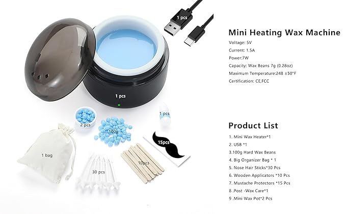 Nose Wax Kit - Travel Wax Warmer for Hair Removal with 100g Waxs, 15 Applicators, 30 Nose Hair Sticks 2 Silicone Pots, 1 Bag Constant Temperature, 15-20 Times Black - Round | Black | Mini-Velvo Beauty