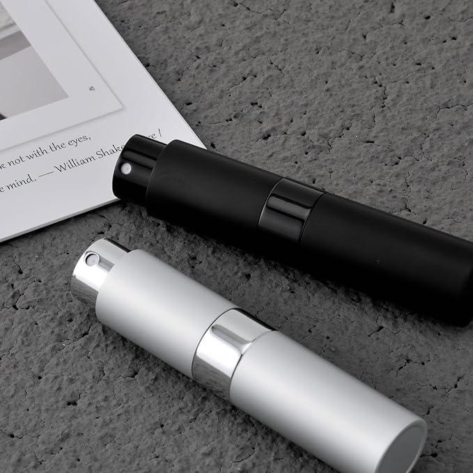 2 PCS/8ml Portable Mini Perfume Atomizer bottles, Empty Refillable Spray Bottle with 3 Types of Refill Tools, Pocket Travel Perfume Sample Bottles(Matte Black&Silver)-Velvo Beauty