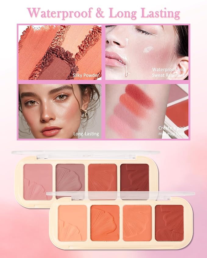 Matte Face Blush Palette Kit with Brush-4 Colors Pink Purple Orange Silky Mineral Blendable Blusher Contour Powder for Cheeks,Longlasting Professional Facial Beauty Makeup Gift for Women Girl-Set 01-Velvo Beauty