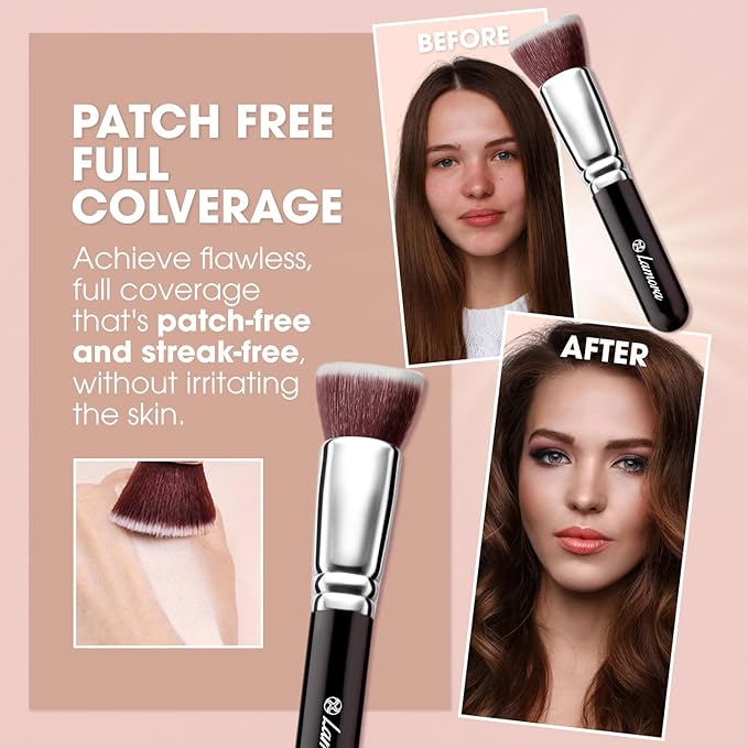 LAMORA Foundation Brush for Liquid Makeup - Kabuki Face Brush for Cream, Powder, Blush, and Concealer - Flat Top Blending, Buffing, Stippling Brush-Velvo Beauty