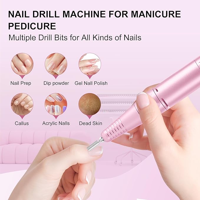 Professional Electric Nail Drill File:COSYGLOW Glitter Portable Cordless E-File Nail Drill Kit with 11 Drill Bits,30000 RPM Rechargeable Nail Drills Machine for Acrylic Nails Gel Polishing (Pink)-Velvo Beauty