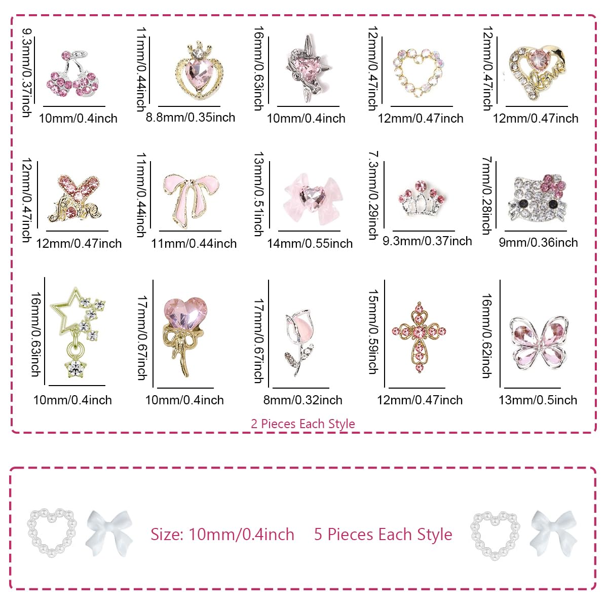40PCS Nail Charms Y2k Pink Gold Nail Art Rhinestone Charms 3D Heart Star Bow Cherry Nail Gems for Acrylic Nail Accessories for Women Girl Manicure DlY Crafts Supplies-Velvo Beauty