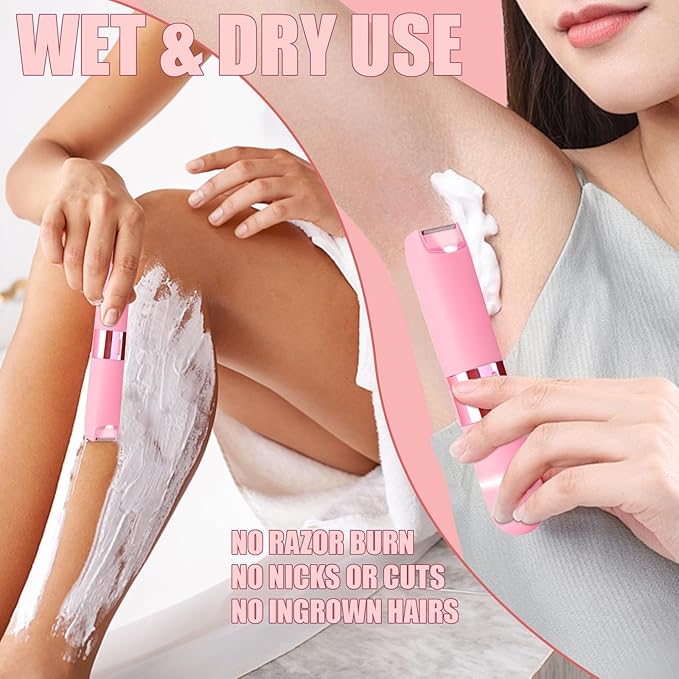 Bikini Trimmer for Women - 2 in 1 Painless Electric Razors for Women, IPX7 Waterproof Rechargeable LED Dual Head Electric Shaver for Lady Bikini Underarm, Body, Leg, Face Hair Remove - Pink-Velvo Beauty