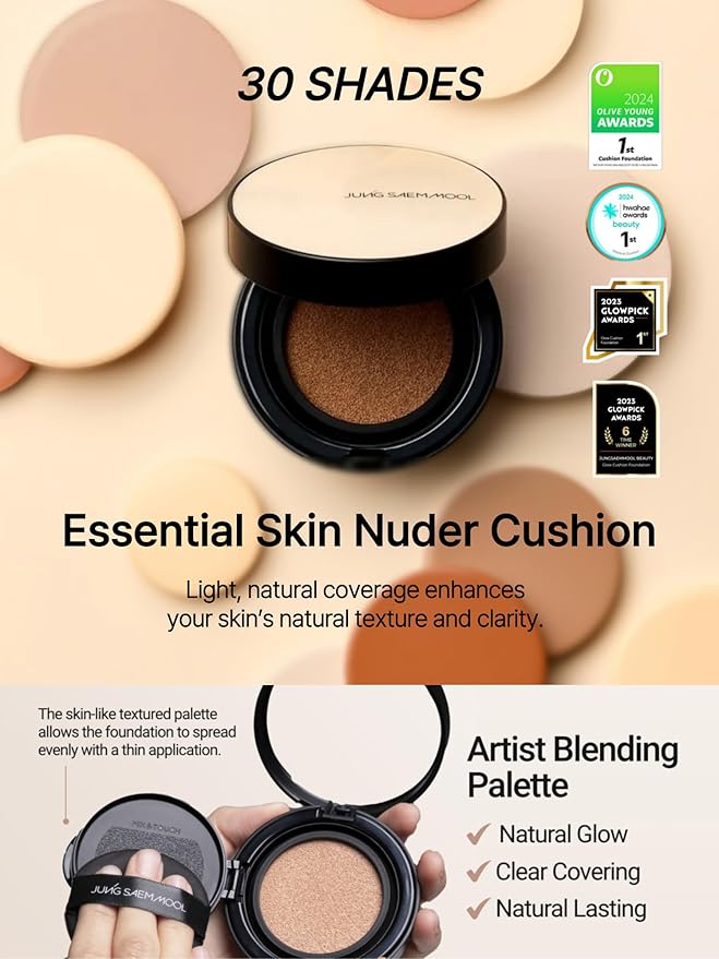 JUNG SAEM MOOL Essential Skin Nuder Cushion 19W Light 0.49 Fl Oz, No Refill, Natural Radiant Finish Cushion Foundation with Buildable Coverage, Lightweight Texture, Korean Foundation Makeup-Velvo Beauty