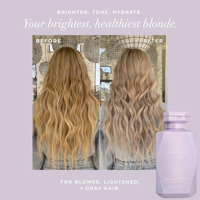 Goldie Locks Brilliant Blonde Purple Shampoo for Blonde, Lightened, Grey Hair & Extensions, Brightens, Tones, Eliminates Brass, Sulfate-Free, Nourishing, Moisturizing, Color Safe, 8.45 Fl Oz Bottle-Velvo Beauty