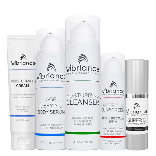 Vibriance Premium Skincare Bundle | Super C All-in-One Serum, Face Cleanser, Moisturizing Cream, Sheer Zinc Sunscreen SPF 50, Age Defying Body Creme - Heal, Hydrate, Protect, Rejuvenate-Velvo Beauty