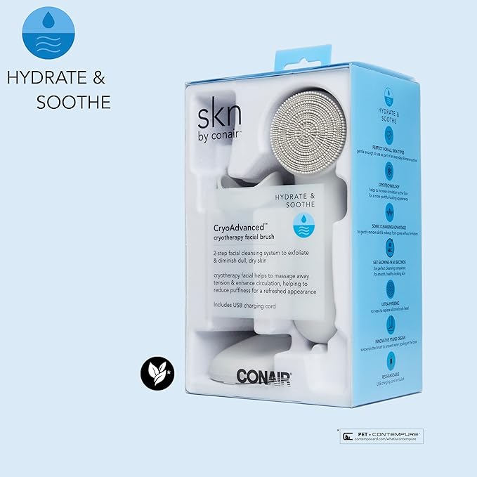 skn by conair Cryotherapy Advanced Facial Cleansing Brush, Featuring Ultra-Hygienic Silicone Brush Head and Cool Plate to Help Soothe Inflammation and Reduce Puffiness-Velvo Beauty