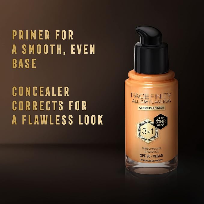 Max Factor Facefinity 3-in-1 All Day Flawless Liquid Foundation, SPF 20-78 Warm Honey, 30 ml-Velvo Beauty