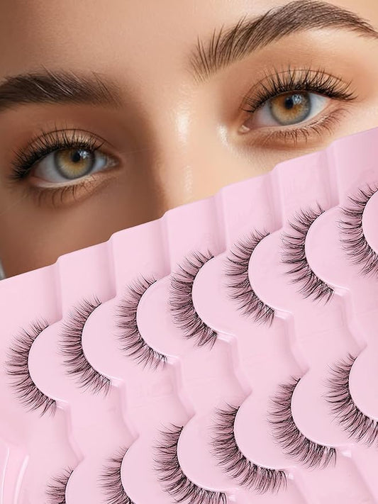 Natural Lashes False 11mm Short Eyelashes Wispy C Curl Eye Lashes Pack with Thin Cotton Band Fake Eyelash 3D Volume For Daily Siligli Lash 7 Pair-Velvo Beauty