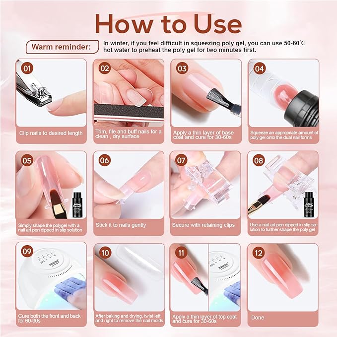 JEWHITENY Poly Extension Gel Kit With 48W LED Nail Lamp 14 Colors Builder Extension Gel All-in-One French Kit Nail Art Design Beginner Kit-Velvo Beauty