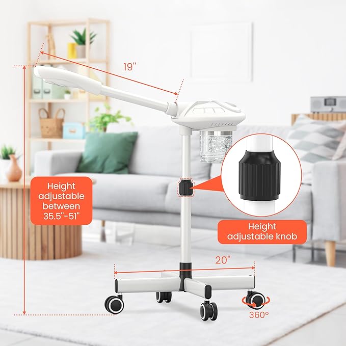 TASALON Professional Facial Steamer with Ozone, Vapor ozono Facial Steamer Professional for Clean Skin, Firm Pores, Esthetician Steamer for Home or Salon Use, Adjustable Height and Angle,White-Velvo Beauty