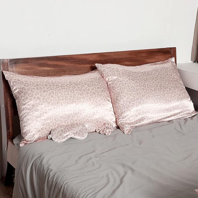 2 Pack Satin Pillowcase with Latent Zipper, Adjustable Satin Eye Mask for Sleeping and Satin Volume Scrunchie for Hair and Skin, Standard Size (Pink, Leopard Style)-Velvo Beauty