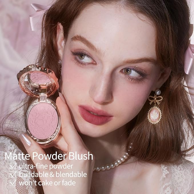 Flower Knows Strawberry Rococo Embossed Blush;Pink Matte Finish;Buildable & Blendable Powder Blush for cheeks,Natural Flush for All Skin Tones(03 Classic Ballet, 5g)-Velvo Beauty