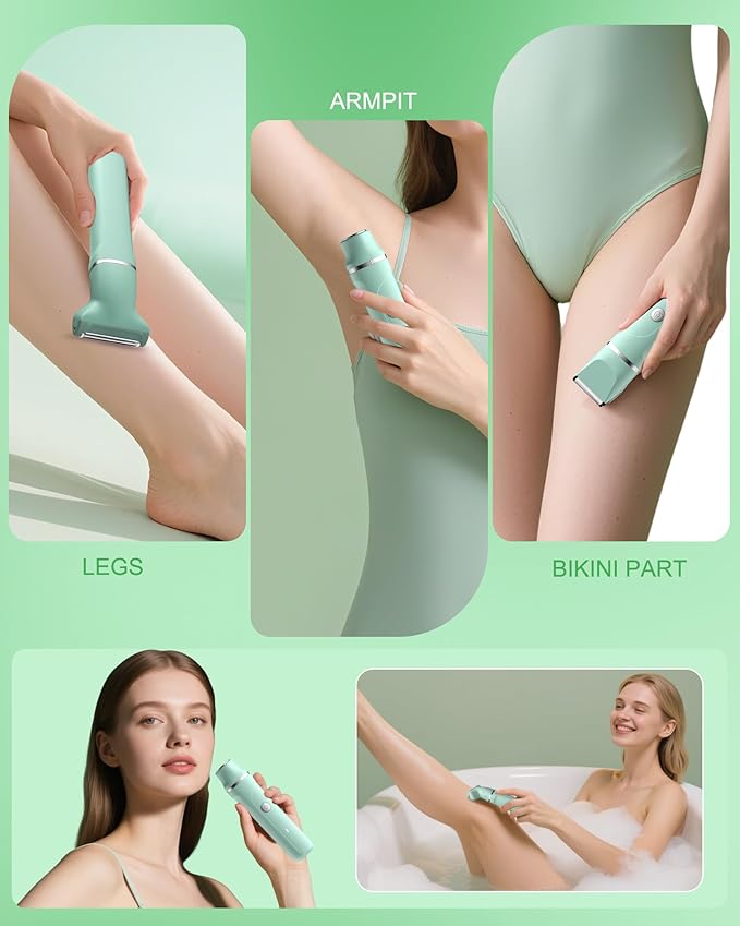 Bikini Trimmer for Women - 3 in 1 IPX7 Waterproof Electric Razors for Women,Body Pubic Hair Electric Shaver for Womens & Facial Hair Remover,Rechargeable Wet/Dry for Body,Underarm,Leg(Mint Green)-Velvo Beauty