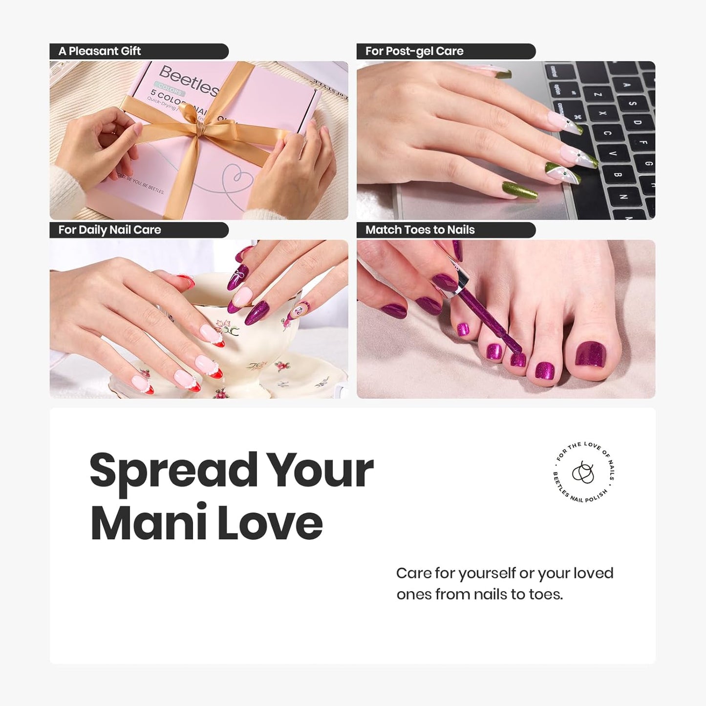 Beetles Glitter Nail Polish Set 7Pcs, Fast Drying & Long Lasting Red Blue Green Nail Polish with 2 IN 1 Base & Top Coat and Cuticle Serum 20ml, All-in-One Care 4th of July Nails Kit Gift Sets-Velvo Beauty