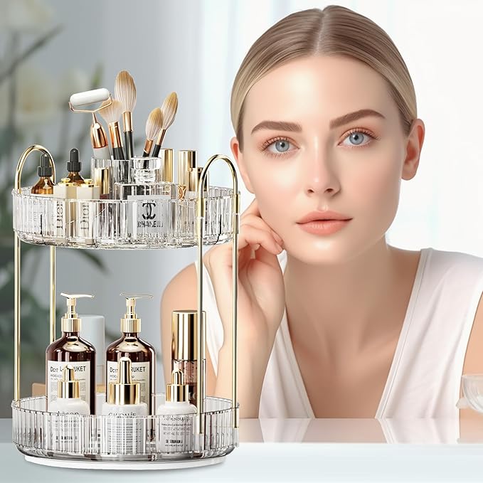 360° Rotating Makeup Organizer, Large-Capacity Skincare Make Up Storage 2 Tier Perfume Organizers Cosmetic Dresser Organizer with Makeup Brush Holder, Fits Bedroom, Bathroom, Vanity Shelf Countertop-Velvo Beauty