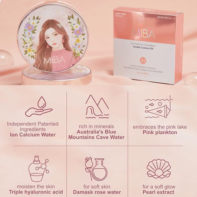 MIBA Ion Calcium Foundation Double Cushion RX 25 g / 0.88 oz Big Cushion SEASON 2 Long Lasting Effect for Dewy Skin. Skin moisturizing. Skin tightening relief. Fine coverage. Smooth adhesion (No 21)-Velvo Beauty