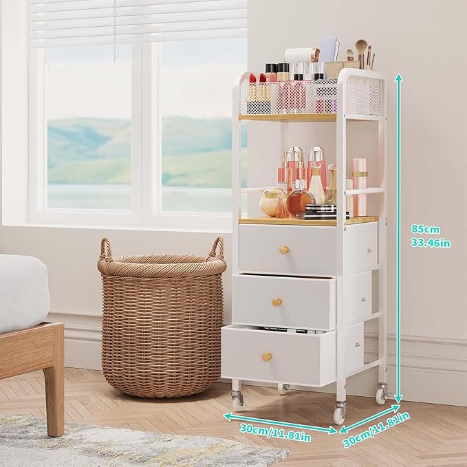 HapiRm Rolling Makeup Cart Organizer - Floor Skincare Make Up Storage with 3 Drawers, Vanity Organizer Cosmetic Display Cases Holder for Skin Care Perfume Nail Polish Brush Hair Tool-Velvo Beauty