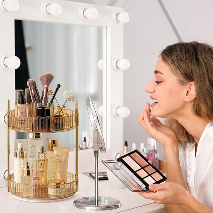 Rotating Makeup Organizer for Vanity, High-Capacity Skincare Clear Make Up Storage Perfume Organizers Cosmetic Dresser Organizer Countertop 360 Spinning (Gold, New-2 Tier)-Velvo Beauty