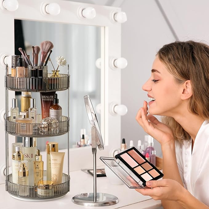 Rotating Makeup Organizer for Vanity, High-Capacity Skincare Clear Make Up Storage Perfume Organizers Cosmetic Dresser Organizer Countertop 360 Spinning (Gray, New-3 Tier)-Velvo Beauty