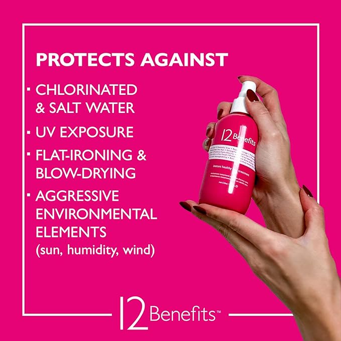 12 Benefits Leave-In Conditioner Spray – Instant Healthy Hair Treatment, Anti-Frizz, Detangles, Strengthens & Repairs, Heat Protection with Quaternium 39 & Silk Fibre Protein, 6 Fl Oz-Velvo Beauty