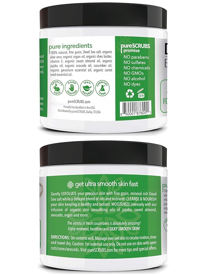 pureSCRUBS Premium Cucumber Body Scrub Set - Large 16oz Dead Sea Salt Body Scrub for Women Exfoliation KP Bump Eraser Body Scrub Includes Wooden Spoon, Loofah & Soap-Velvo Beauty