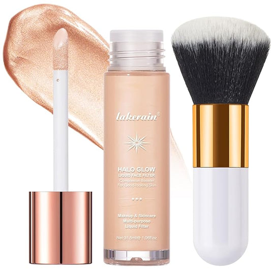Natural Glow Liquid Filter Makeup, Longwear Face Luminizer, Complexion Booster For Any Part of the Body, Liquid Highlighter with Brush Kit, Infused Hyaluronic Acid, 1.06 fl oz (#03 LIGHT/MEDIUM)-Velvo Beauty