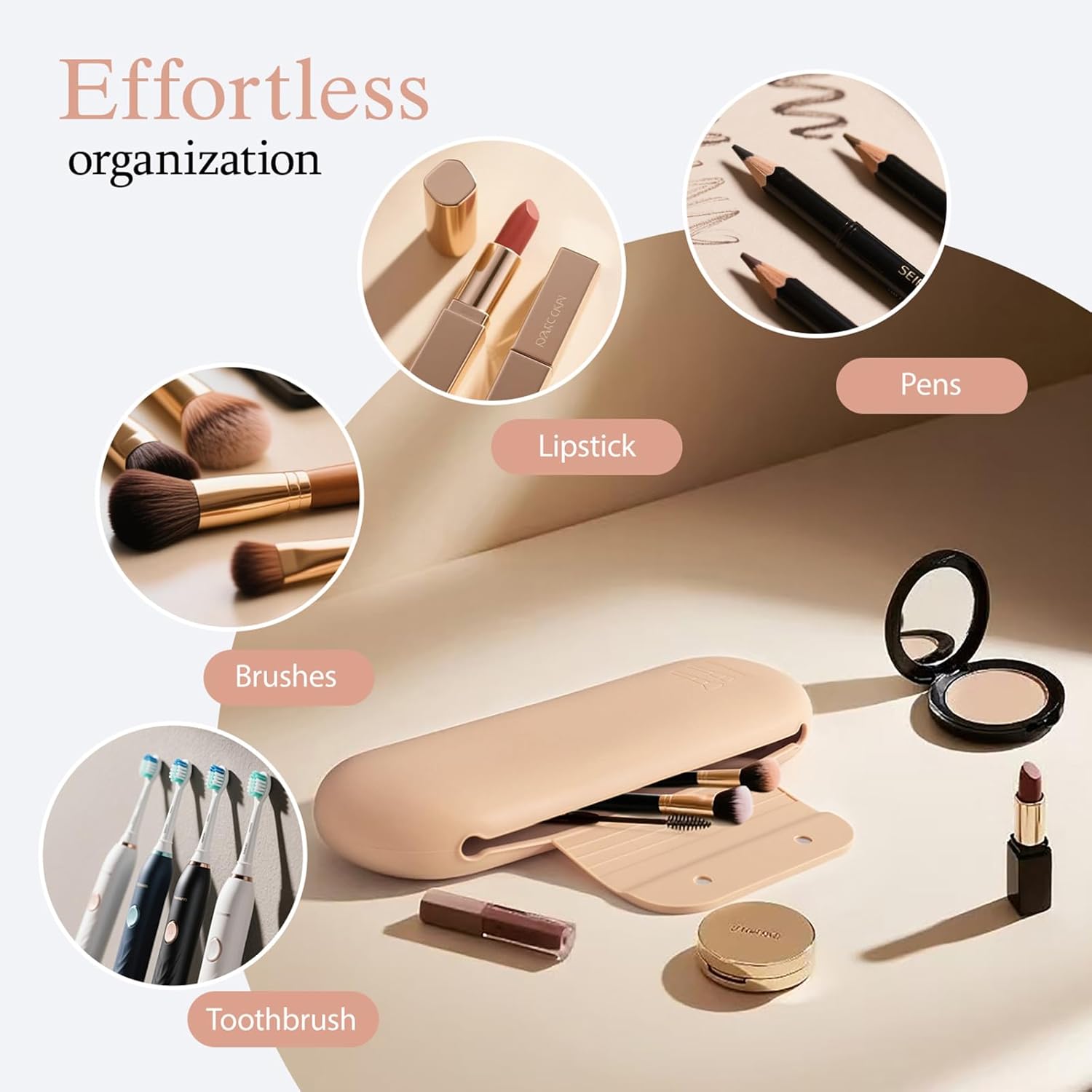 Silicone Makeup Brush Holder Set – Portable Travel Makeup Brush Holder with Makeup Sponge Holder and Foldable Cleaning Bowl – Upgraded 3-in-1 Cosmetic Organizer Set (khaki)-Velvo Beauty