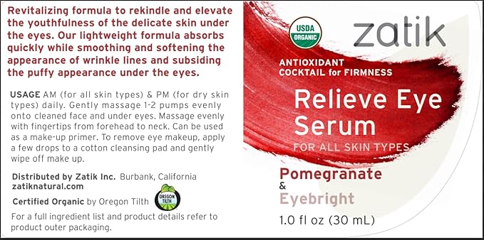Zatik Naturals - Relieve Eye Serum with Pomegranate and Eyebright Antioxidant, USDA Certified Organic, Rekindle and Elevate Youthfulness Around Thin Areas of the Eyes, 1.0 fl oz, 30ml-Velvo Beauty