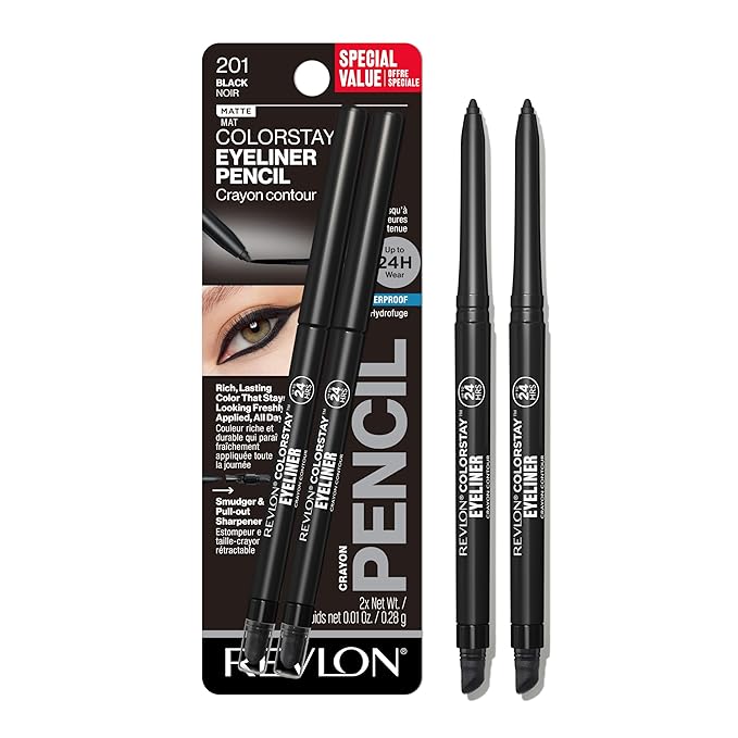 Revlon ColorStay Pencil Waterproof Eyeliner, Smudge-Proof, Eye Makeup with Built-In Sharpener, 201 Black, 2 pack-Velvo Beauty