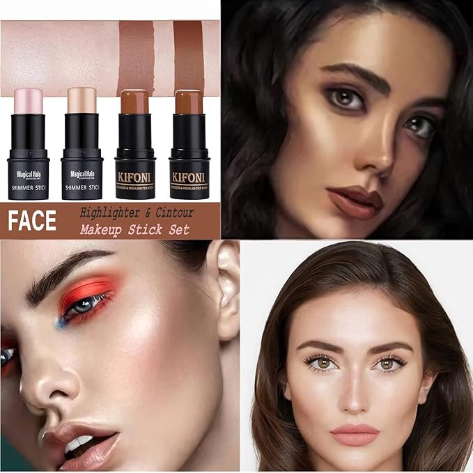 4 Pcs Cream Contour Foundation Stick, Highlighter & Bronzer Pen, Face Brightens & Shades Pencil, Highlighting Shade Longwear Makeup, Highlight Bronzer Shaping Trimming Stick Cream-Velvo Beauty