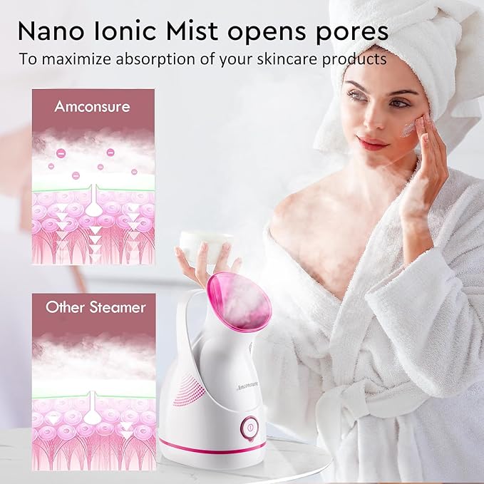 Amconsure Facial Steamer - Nano Ionic Face Steamer Warm Mist Steamer for Home Sauna SPA, Humidifier for Face Steamer for Deep Cleaning Unclogs Pores Sinuses - Bonus 5 Piece Stainless Steel Skin Kit-Velvo Beauty