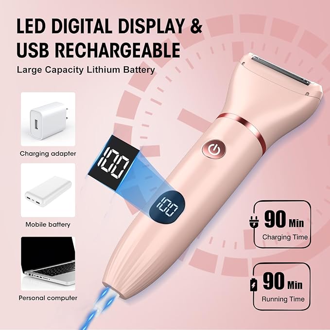 Bikini Trimmer for Women- 3 in 1 Painless Electric Razors for Women,Waterproof Pubic Hair Trimmer and Facial Hair Remover,LCD Display Body Shaver for Trip,Rechargeable Women's Grooming Kit-Velvo Beauty
