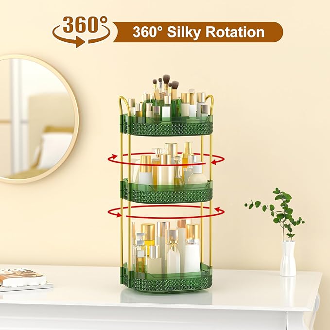 Rotating Makeup Organizer for Vanity 3 Tier, Perfume Organizer with Makeup Brush Holder, Large Capacity Cosmetics Clear Skincare Organizer for Countertop (Green)-Velvo Beauty