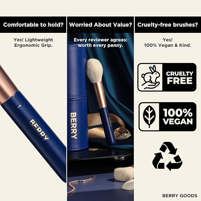 BERRY Blue Premium Makeup Brush Set – 12-Piece Professional Ultra-Soft Synthetic Brushes for Face & Eyes | Foundation, Powder, Blush, Concealer, Eyeshadow – Vegan, Cruelty-Free, Numbered, Travel Case-Velvo Beauty