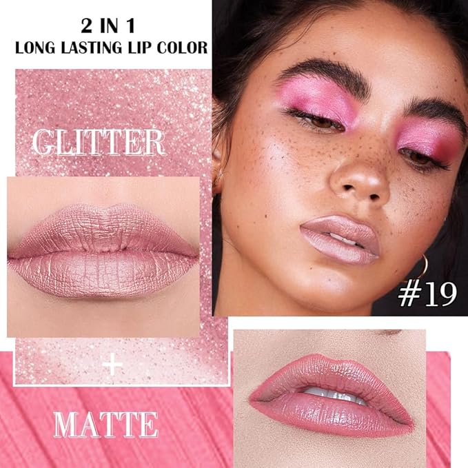 evpct Warm Pink Metallic Glitter Lip Liner and Lipstick Combo Set Long Lasting Waterproof, Metallic Shimmer Lip Gloss Stain Makeup for Women, Warm Pink Frosted Iridescent Glossy Liquid Lipstick 19-Velvo Beauty
