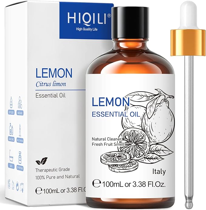 HIQILI Lemon Essential Oil, Household Cleaning, Air Purification, Skin Care, Can be Added to Cleansers, Sprays, Body Lotions Use - 3.38 Fl Oz/100ML-Velvo Beauty