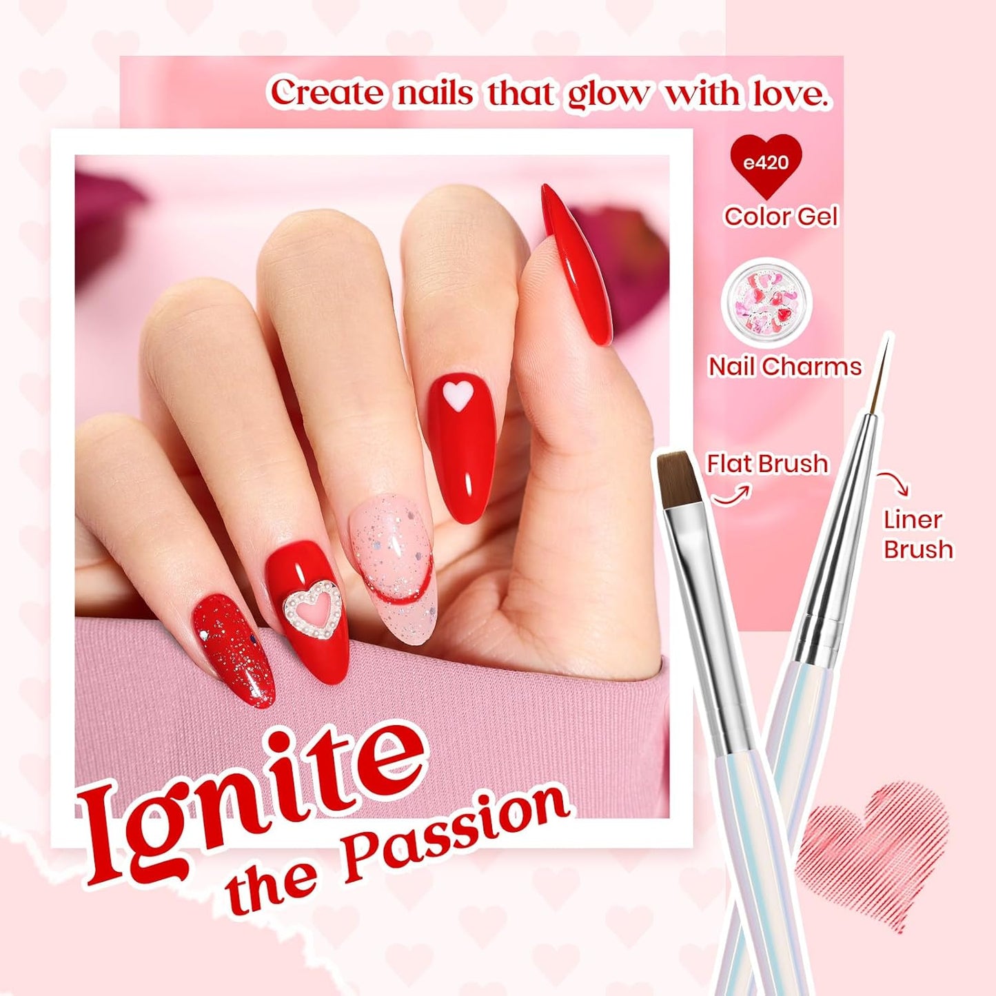 Beetles Red Gel Nail Polish & Nail Art Brushes Set-Heart Desire Multifunctional Nail Brushes Kit for Nail Art with Heart Nail Gems&Nail stickers Manicure Gift for Girls Women-Velvo Beauty