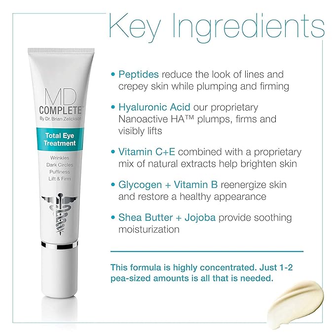 MD Complete Total Eye Treatment | Anti-Aging Hydrating Skin Renewal Eye Treatment | with Peptides, Vitamins C & E and Hyaluronic Acid for Wrinkles, Fine Lines and Crows Feet 0.5 fl oz-Velvo Beauty