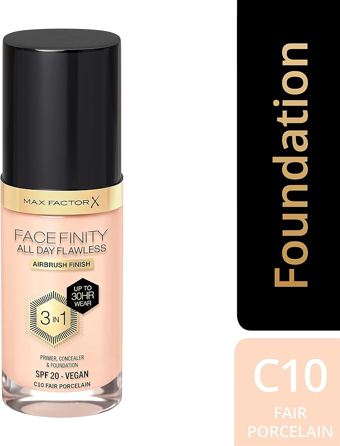 Max Factor Facefinity 3-in-1 All Day Flawless Liquid Foundation, SPF 20-10 Fair Porcelain, 30 ml-Velvo Beauty