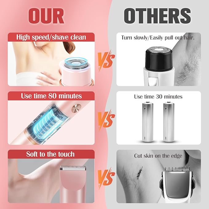 Bikini Trimmer for Women Electric Razors for Women Women's Electric Razor 2 in 1 Shaver Pubic Hair Trimmer Ipx7 Waterproof Wet Dry Use Bikini Shaver for Ladies Pubic, Legs, Face, Underarms (Pink)-Velvo Beauty