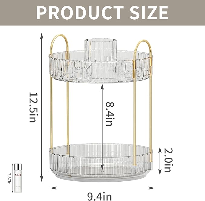 360° Rotating Makeup Organizer, Large-Capacity Skincare Make Up Storage 2 Tier Perfume Organizers Cosmetic Dresser Organizer with Makeup Brush Holder, Fits Bedroom, Bathroom, Vanity Shelf Countertop-Velvo Beauty