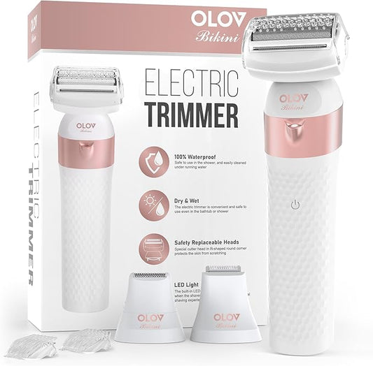 Bikini Trimmer for Women, IPX7 Waterproof Wet & Dry Electric Razors for Women, Bikini Legs Underarm Pubic Hairs Rechargeable Electric Shaver with 3 Trimmer Heads, Rose Gold-Velvo Beauty